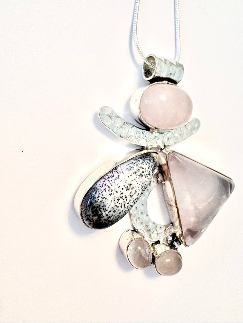 2 inch, 925 marked Dendrite Opal + Rose Quartz, Angel pendant on a silver chain
